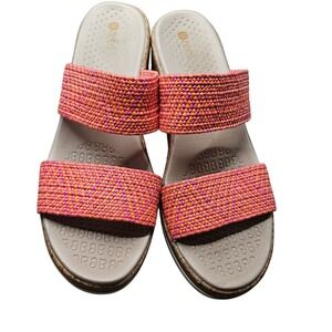 Bzees Sz 9 Double Strap Cork Wedge Sandals Red Orange Stretch Woven Comfort #374